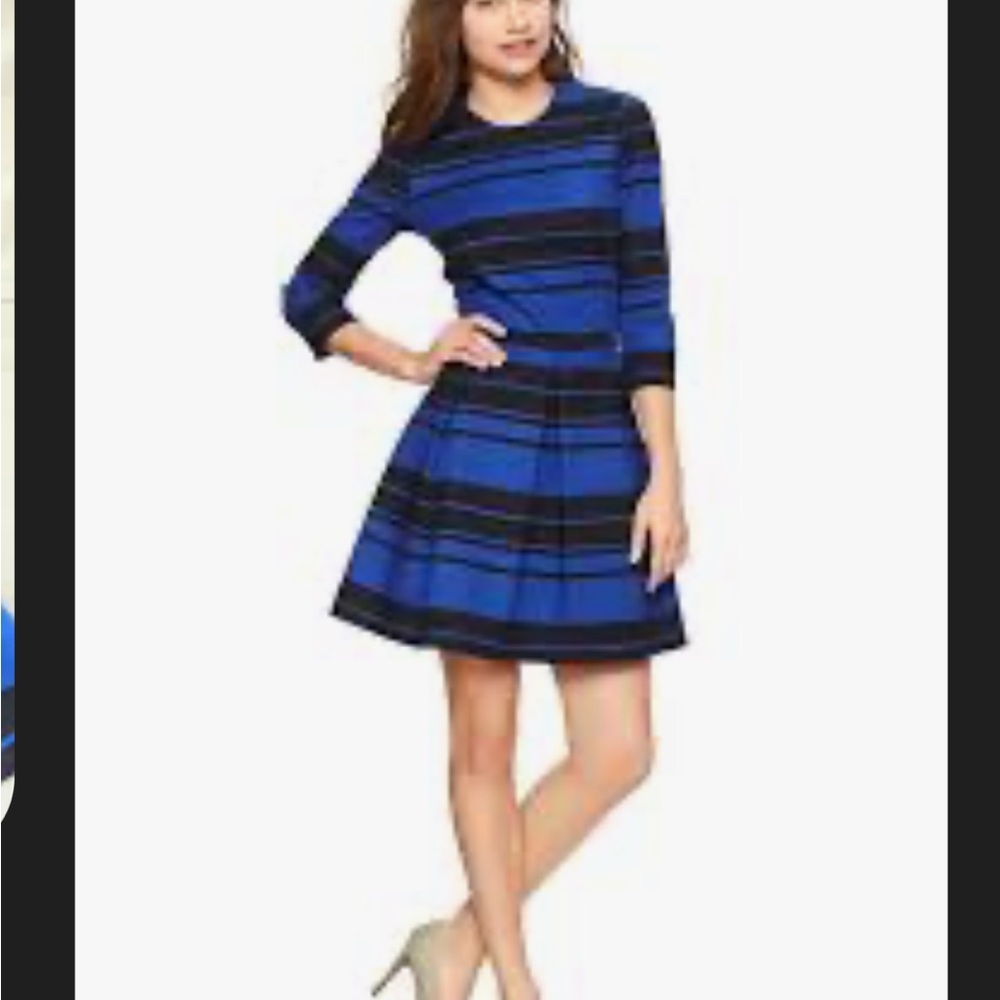 GAP Blue and Black Striped 3/4 Sleeve Fit-and-Flare Dress